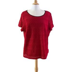 Talbots Red Embroidered Lace Overlay Short Sleeve Blouse Faux Leather Trim, 24W